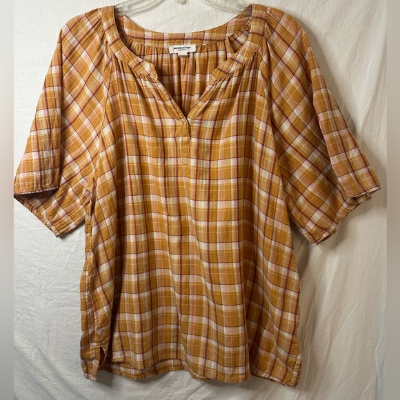beachlunchlounge Tops - BeachLunchLounge XL Mustard Plaid Blouse Boho Peasant Top